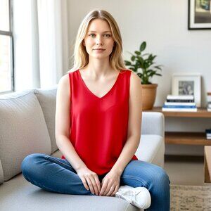 Tess Vintage Red Tank Top SILK Womens Large Camisole Y2K Scoop Neckline